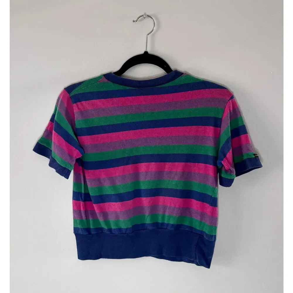 Vintage 1990s Crazy Horse Striped T-Shirt Kids L Fits Adult S Blue Pink Green